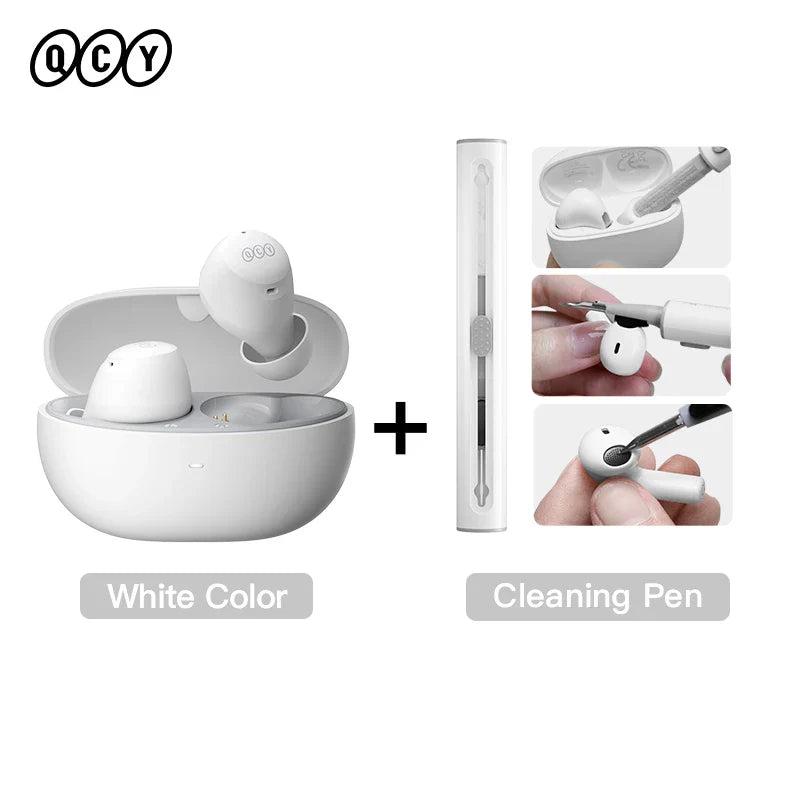 White wireless earbuds with cleaning pen.