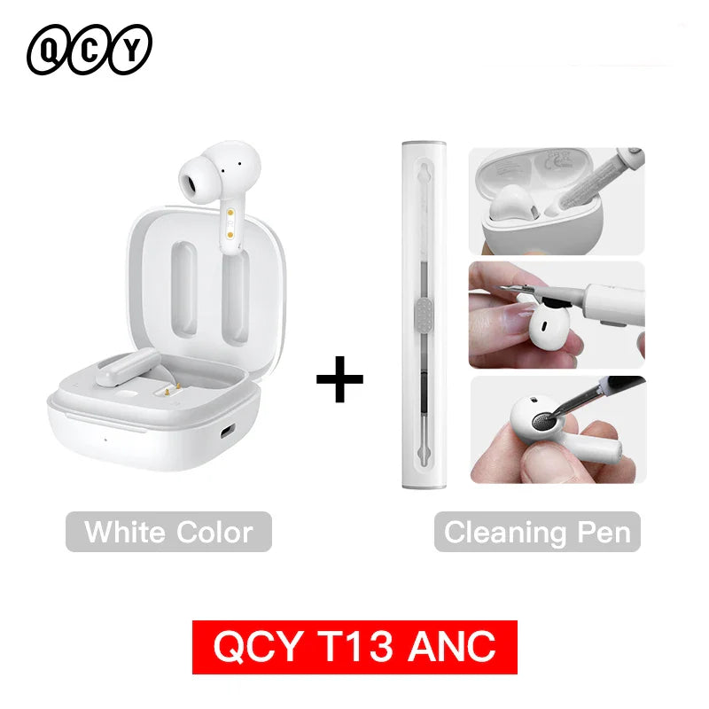 White wireless earbuds with cleaning pen.