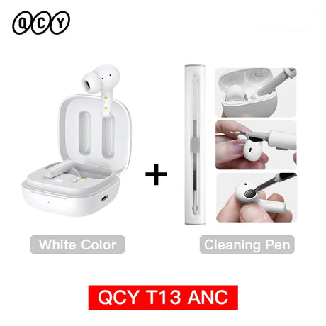 White wireless earbuds with cleaning pen.