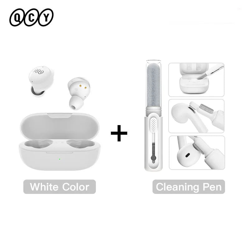 White wireless earbuds and cleaning pen.