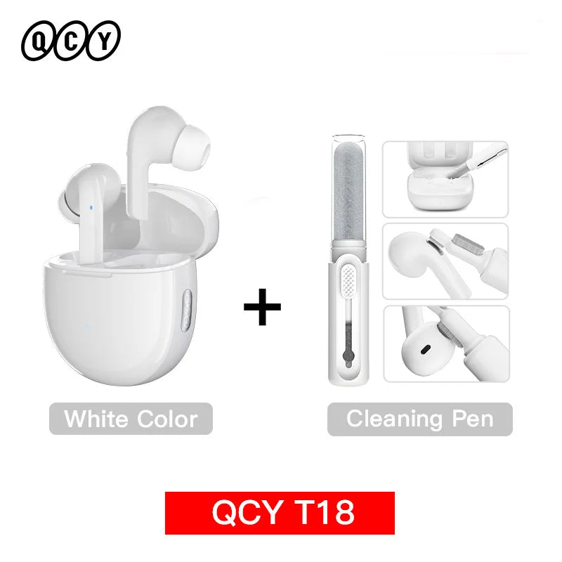 White wireless earbuds with cleaning pen.