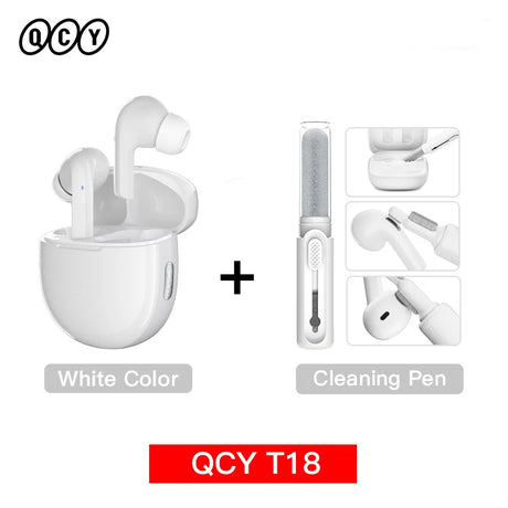 White wireless earbuds with cleaning pen.