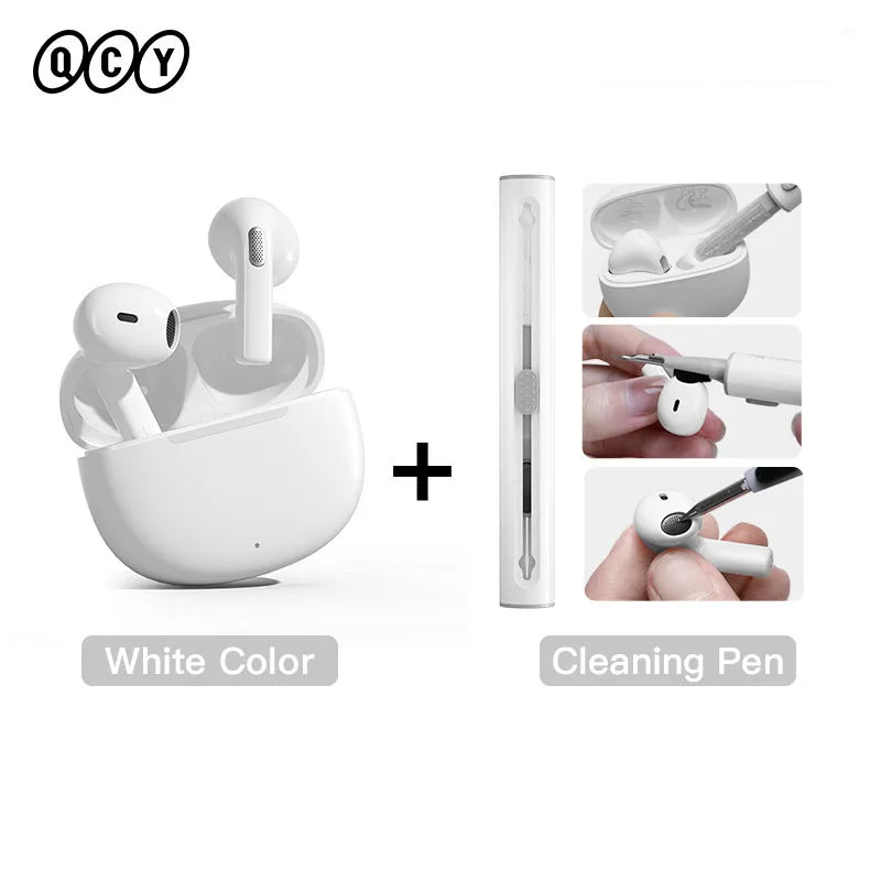 White wireless earbuds with cleaning pen.