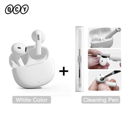 White wireless earbuds with cleaning pen.