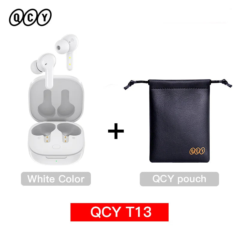White wireless earbuds and pouch.