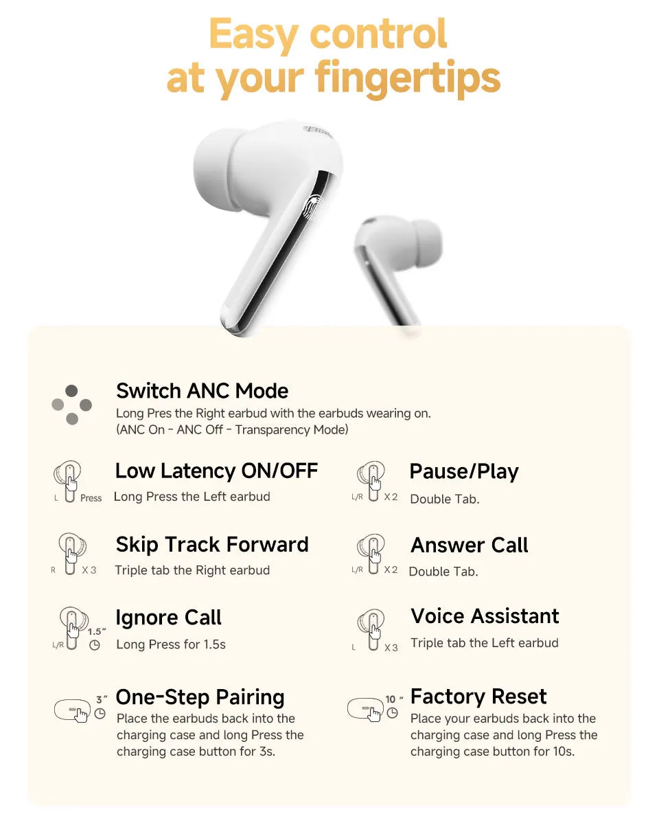 White wireless earbuds with touch controls.