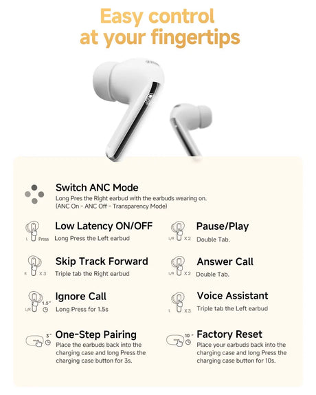 White wireless earbuds with touch controls.