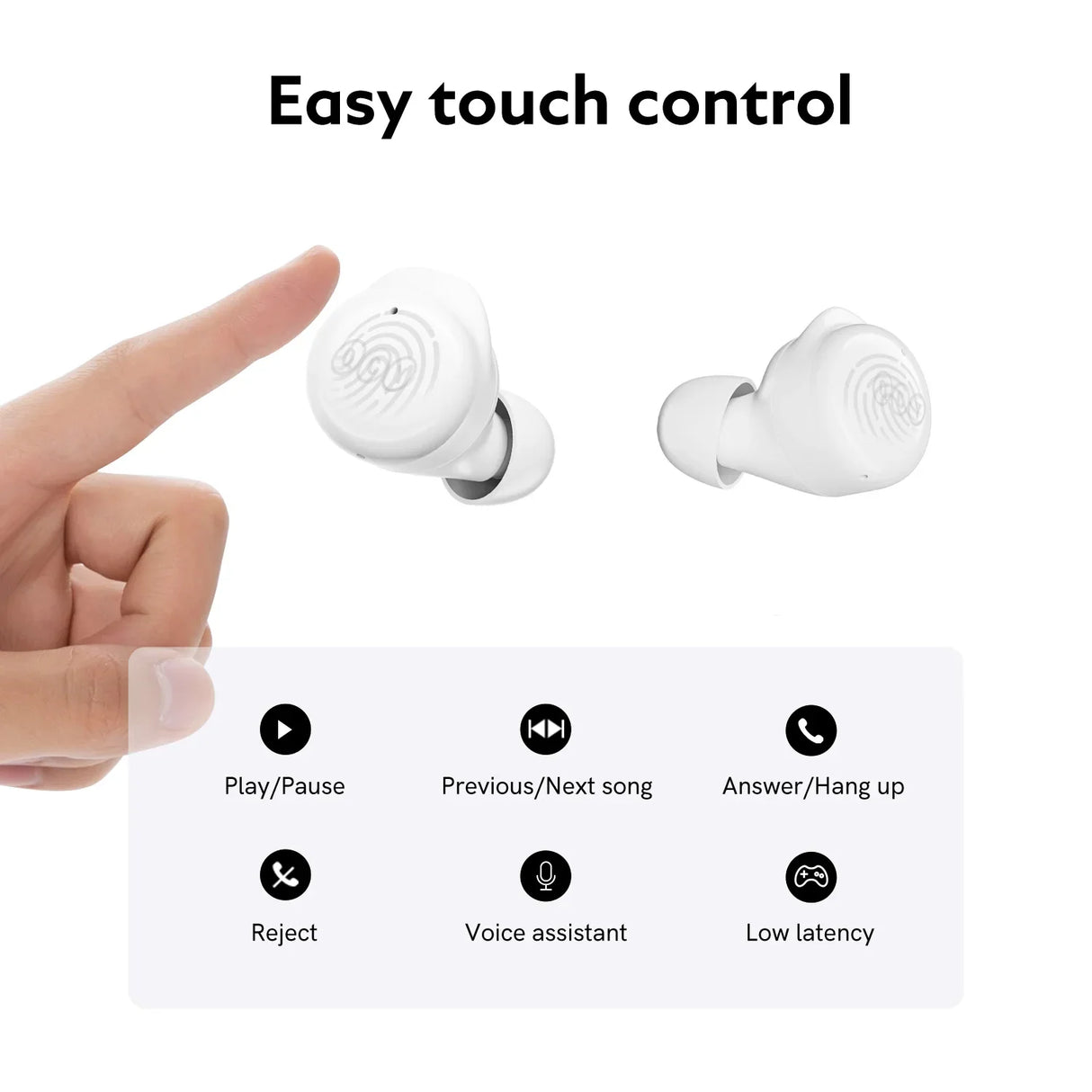 White wireless earbuds with touch controls.