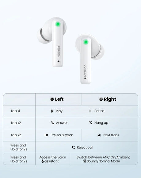 White wireless earbuds with touch controls.