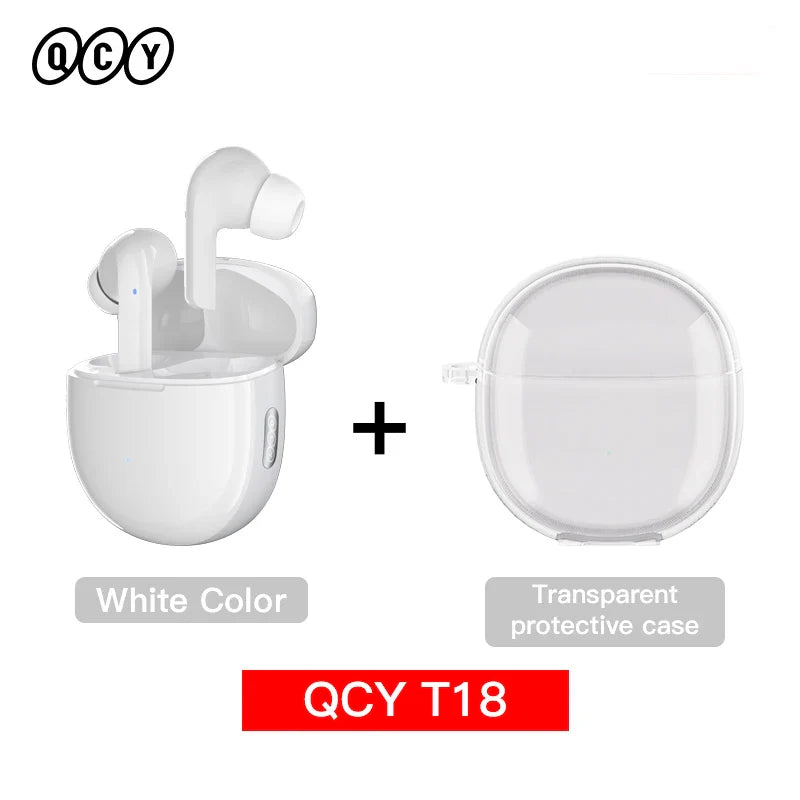 White wireless earbuds with transparent case.