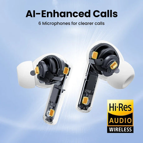 White wireless earbuds with visible internal components.