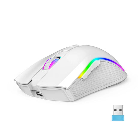 White wireless gaming mouse with RGB lighting accents.