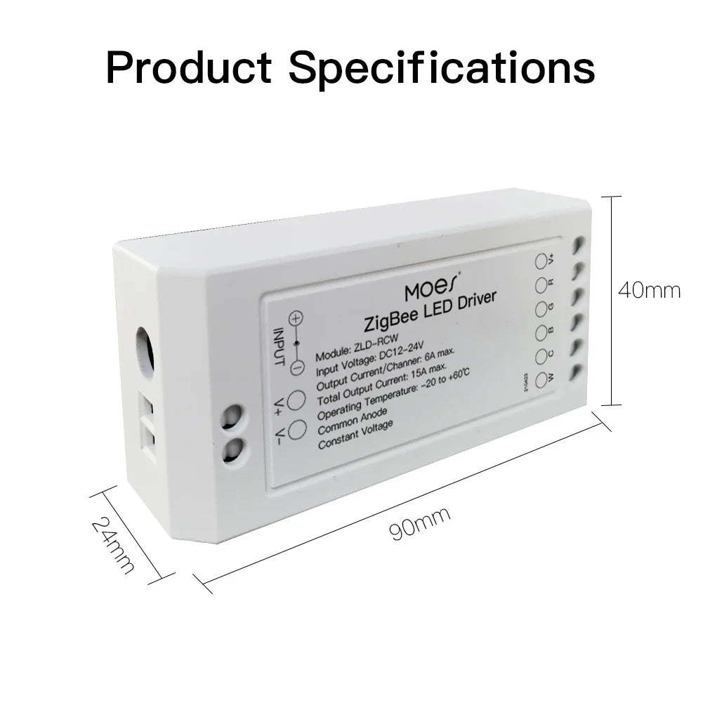 White Zigbee LED driver with dimensions.