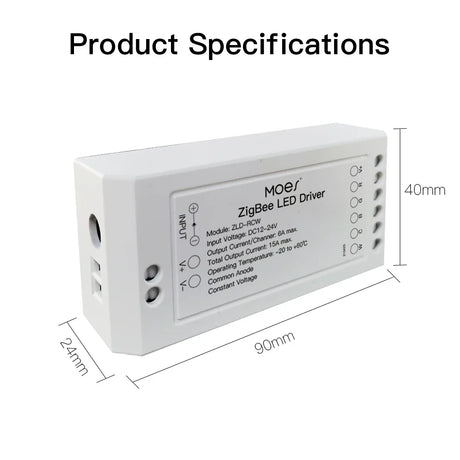 White Zigbee LED driver with dimensions.