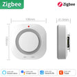 White Zigbee smoke detector with dimensions.