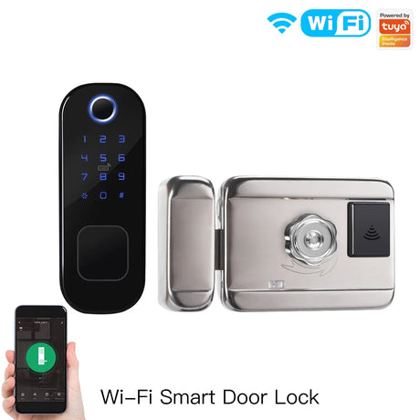 Wi-Fi enabled smart door lock with keypad and smartphone control.