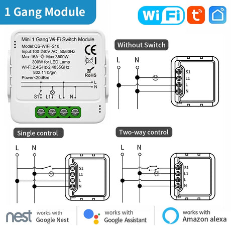 Wi-Fi switch module with wiring diagrams.