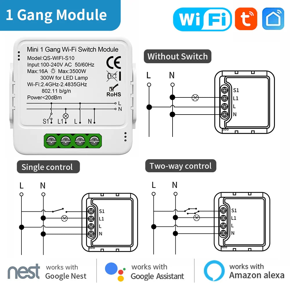Wi-Fi switch module with wiring diagrams.