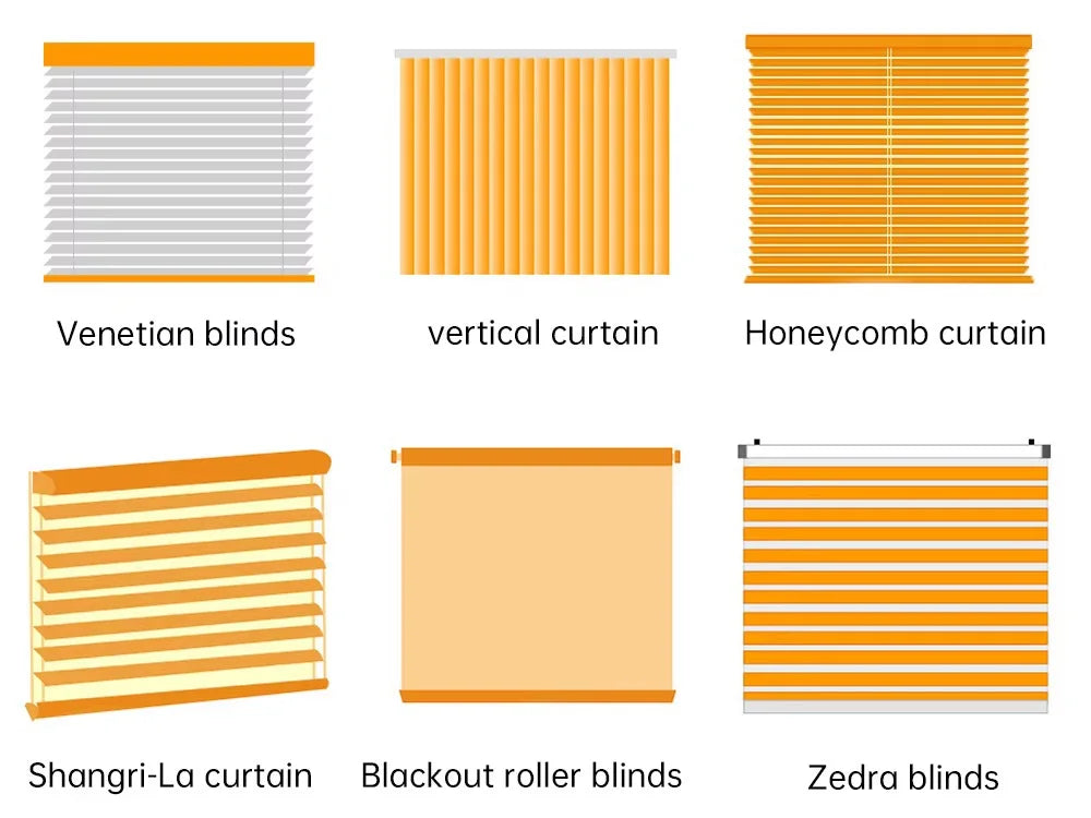Various window blinds and curtains.