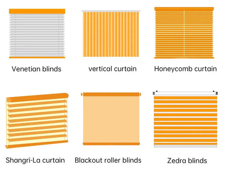 Various window blinds and curtains.