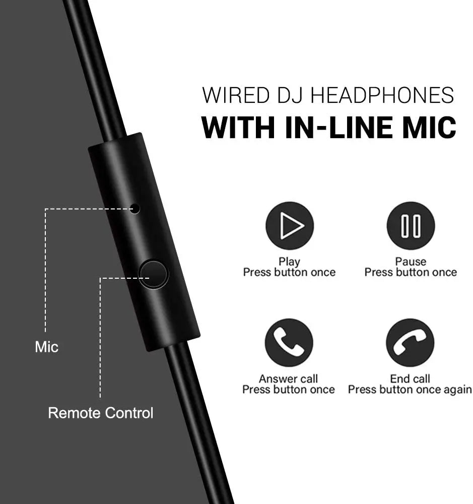 Wired DJ headphones with an in-line microphone and remote control.