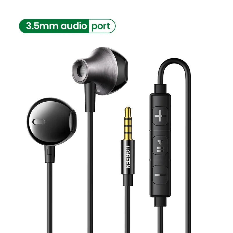 Wired earphones with an in-line control module and 3.5mm audio jack.