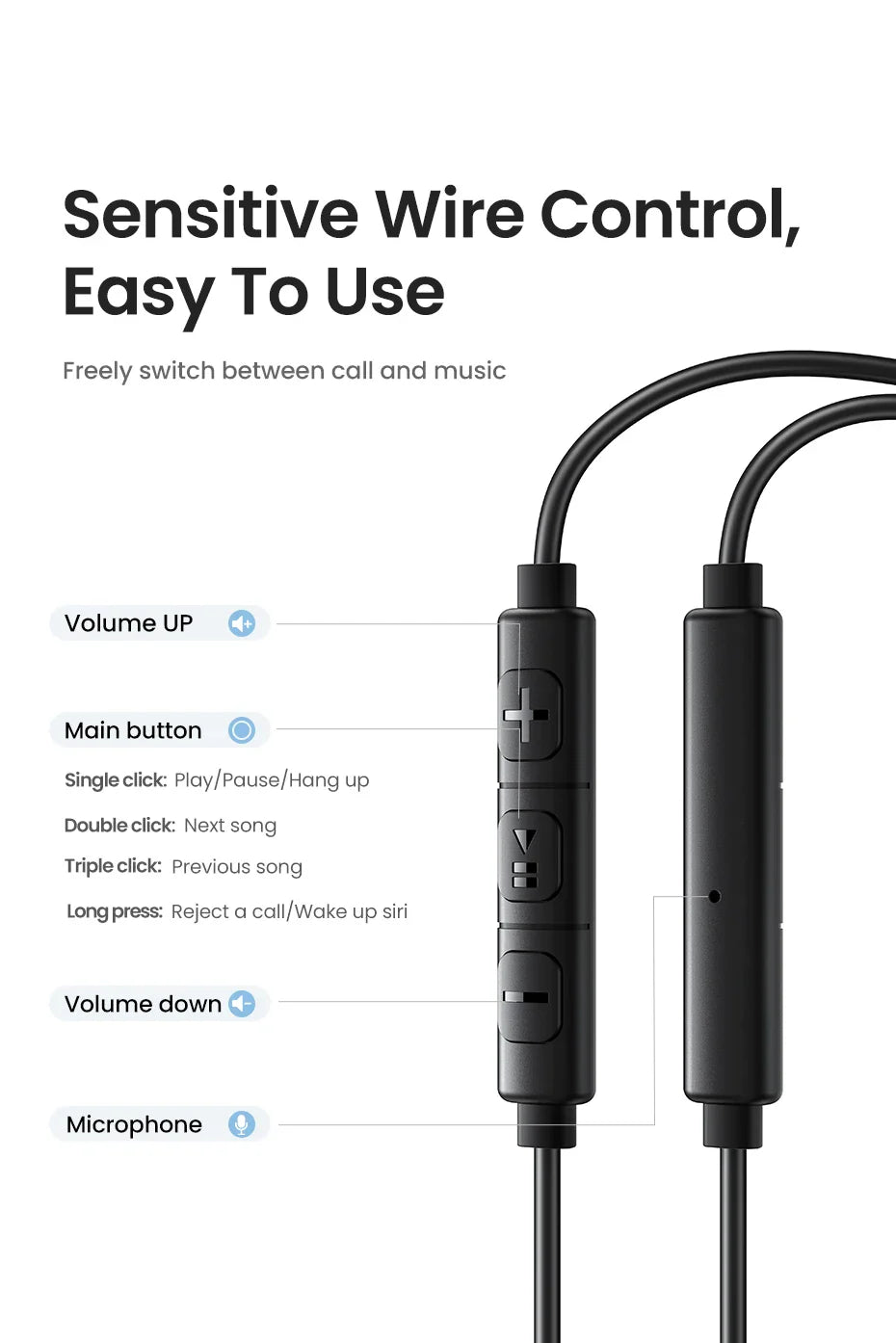 Wired earphones with an inline control module featuring multiple buttons and a microphone.
