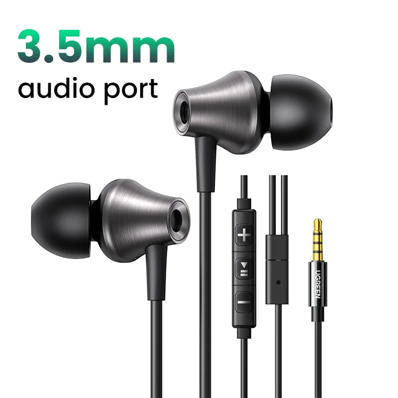 Wired in-ear headphones with microphone and volume control.