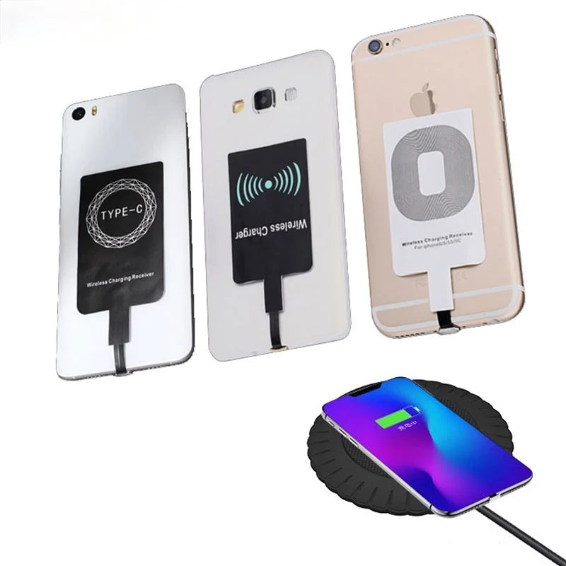 Wireless charging adapters and receiver for smartphones.