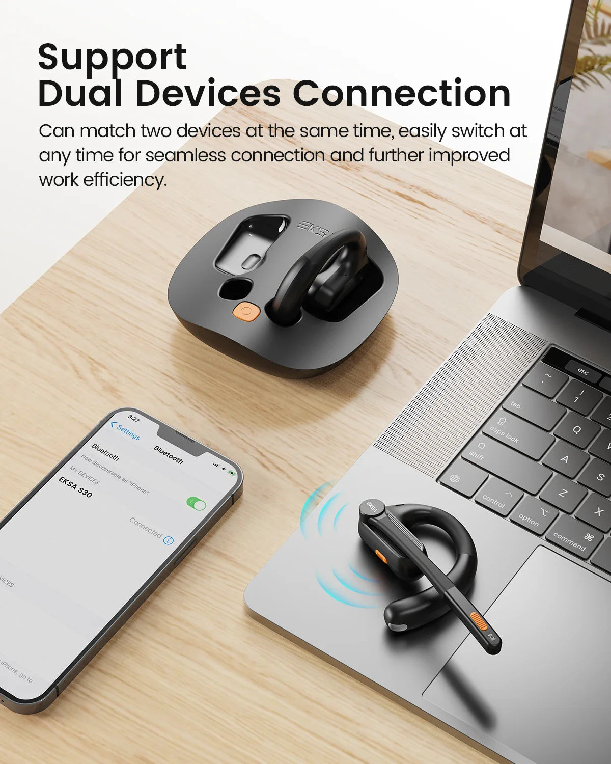 Wireless Bluetooth earpiece with a charging case.
