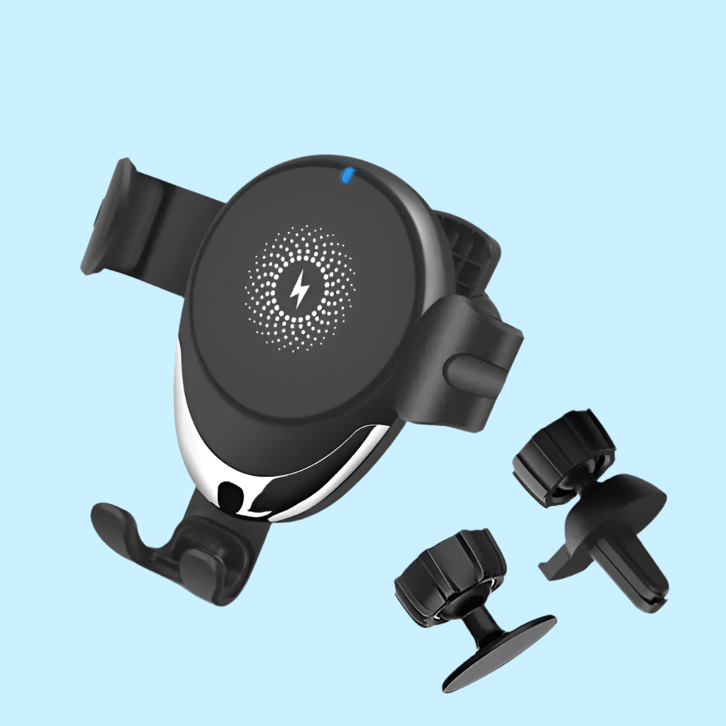 Wireless car phone holder with additional mounting attachments.