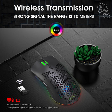 Wireless computer mouse with a honeycomb-style perforated shell and RGB lighting.