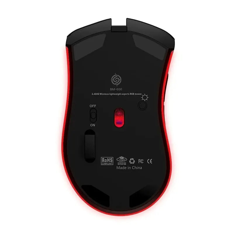 Wireless computer mouse with red LED accents and a black body.