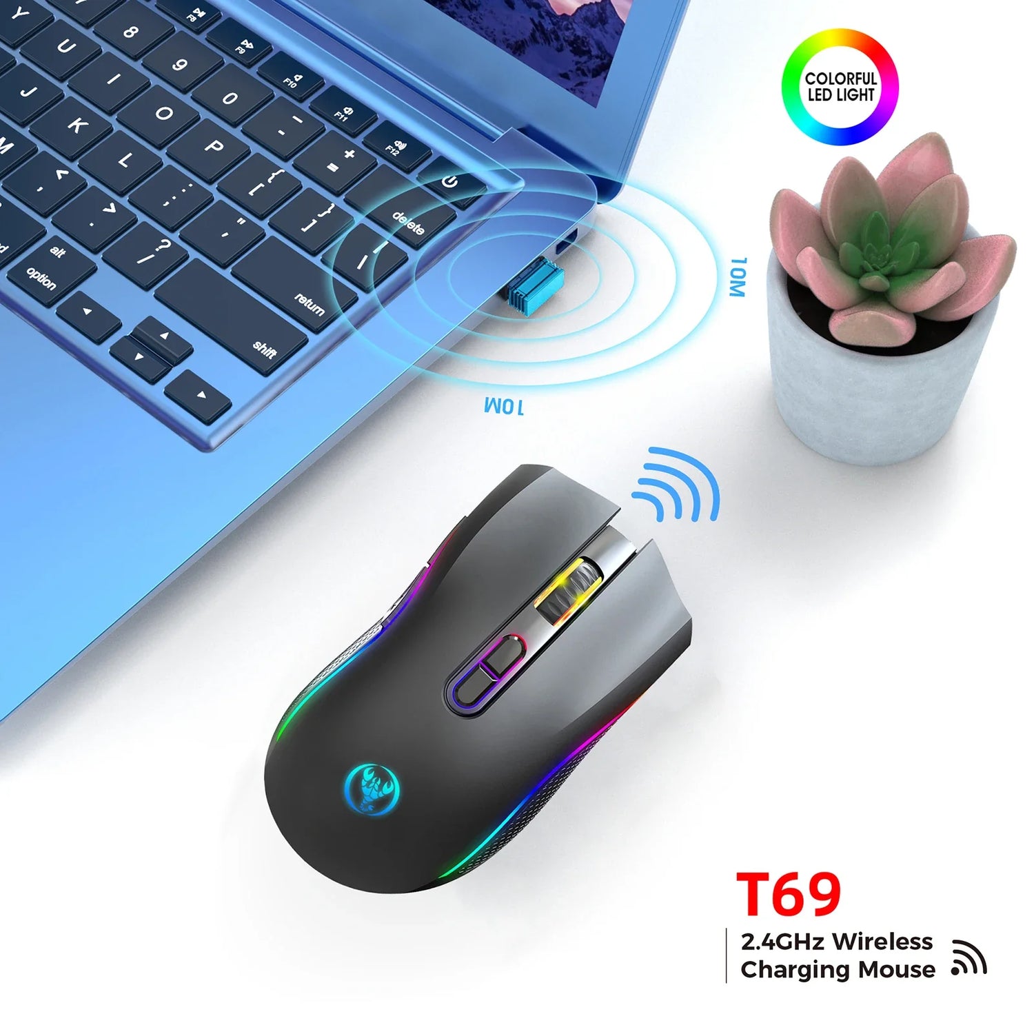 Wireless computer mouse with RGB lighting and charging capabilities.