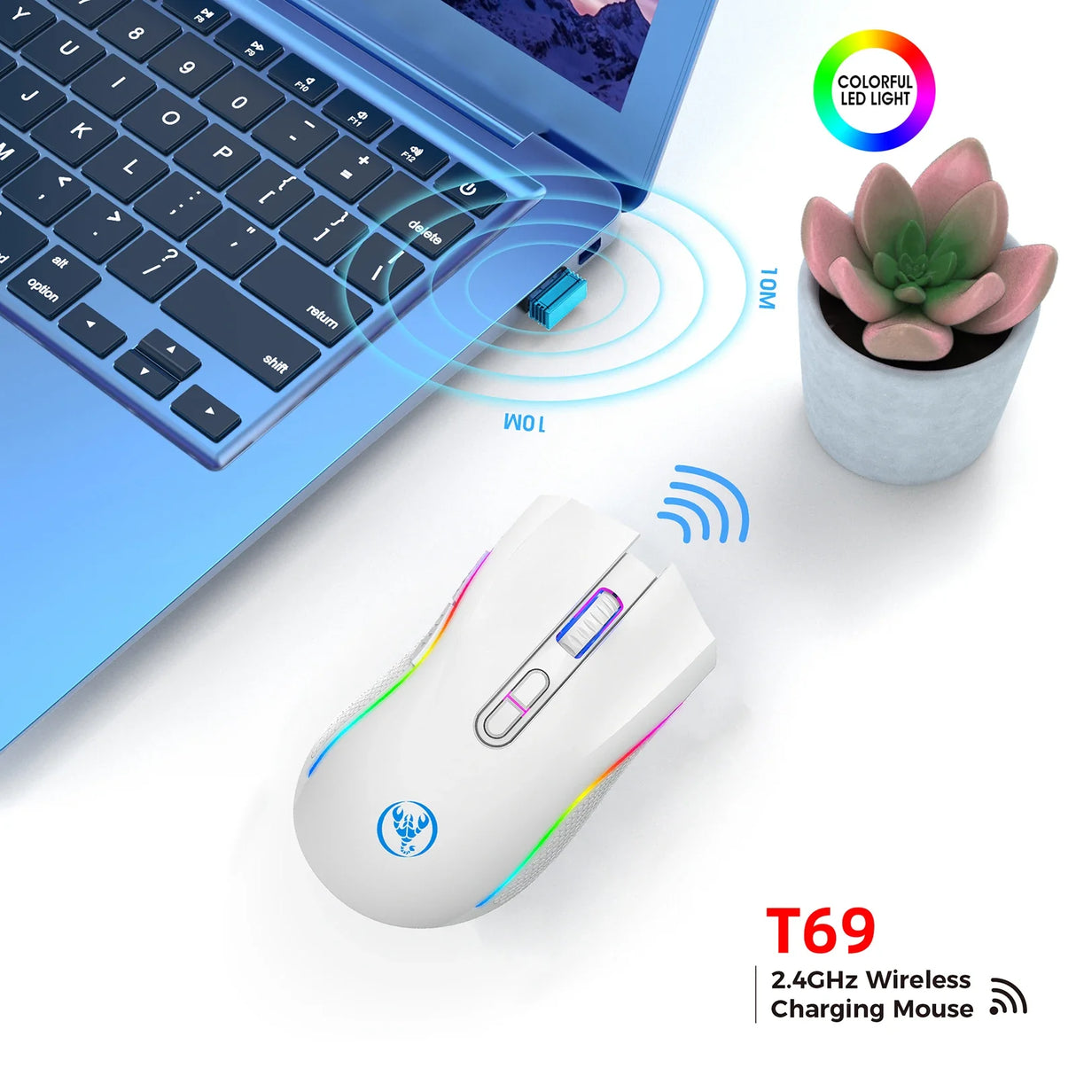 Wireless computer mouse with RGB lighting and charging capabilities.