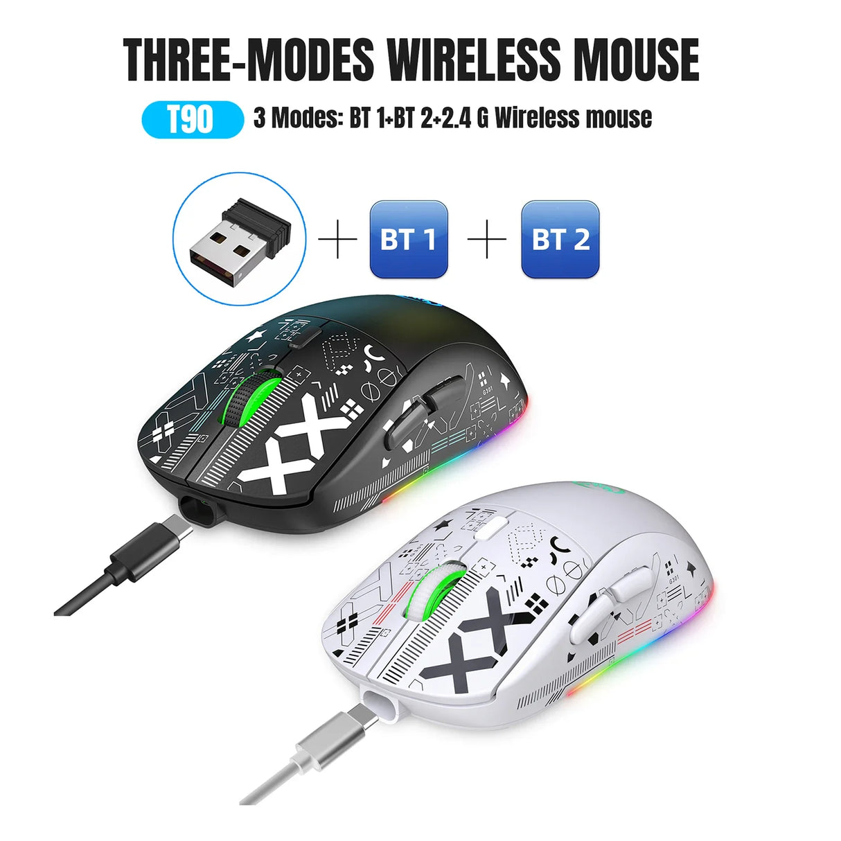 Wireless computer mouse with three connectivity modes and RGB lighting, available in black or white color options.