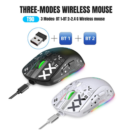 Wireless computer mouse with three connectivity modes and RGB lighting, available in black or white color options.