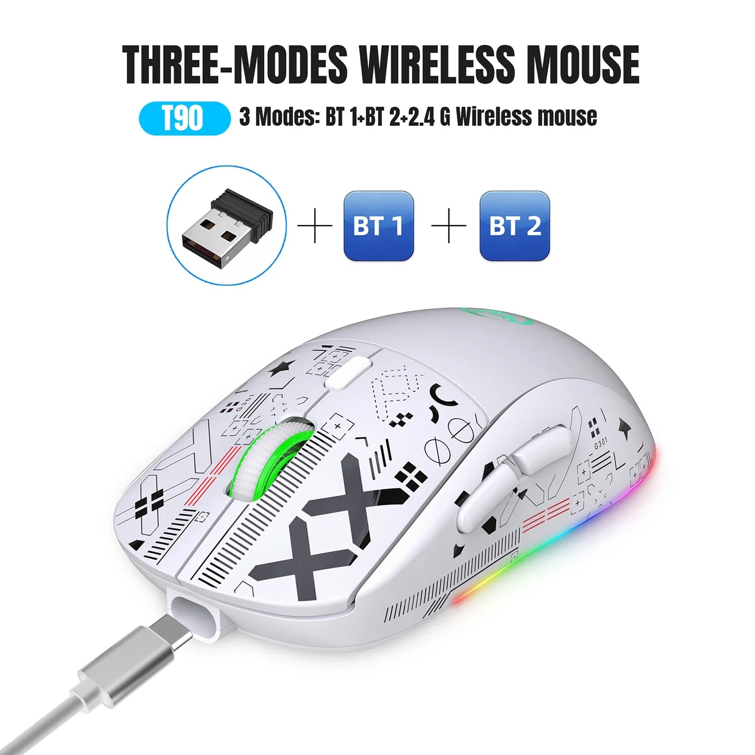 Wireless computer mouse with a white body, colorful RGB lighting, and graffiti-style designs on its surface.