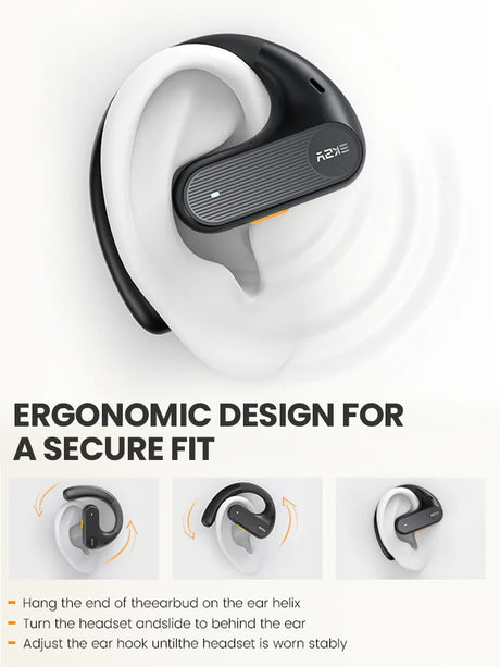 Wireless ear-hook style Bluetooth headset with an ergonomic design.