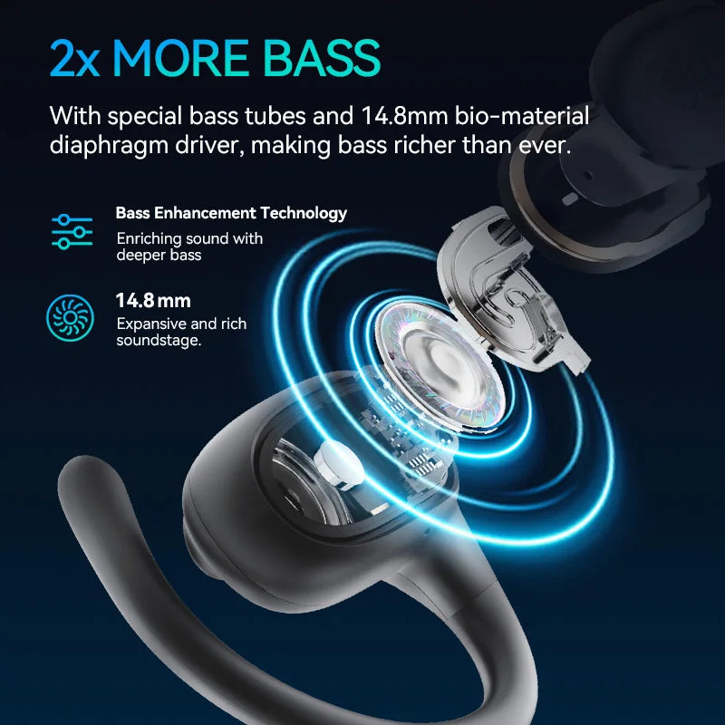 Wireless earbud with a cross-sectional view highlighting its bass-enhancing features.