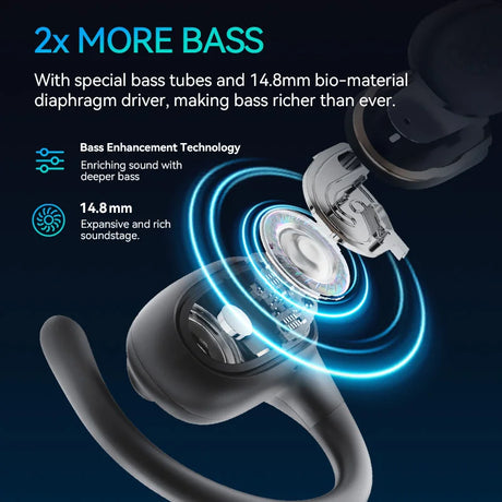 Wireless earbud with a cross-sectional view highlighting its bass-enhancing features.