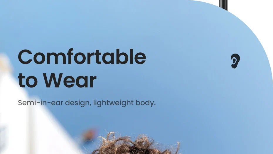 Wireless earbud or headphone with text describing it as comfortable to wear.