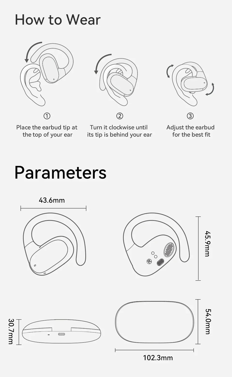 Wireless earbud with instructions on how to wear it and its dimensions.