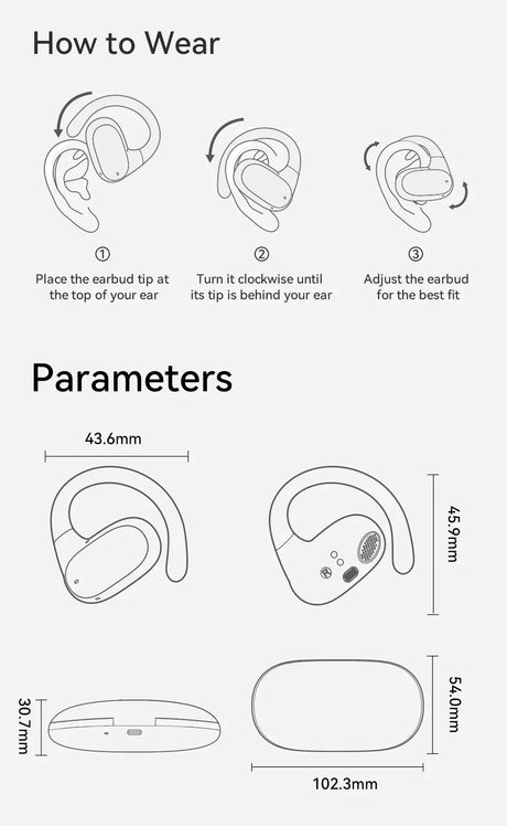 Wireless earbud with instructions on how to wear it and its dimensions.