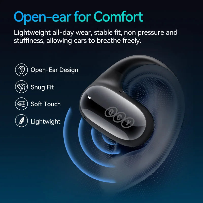 Wireless earbud with an open-ear design highlighted by blue concentric circles.
