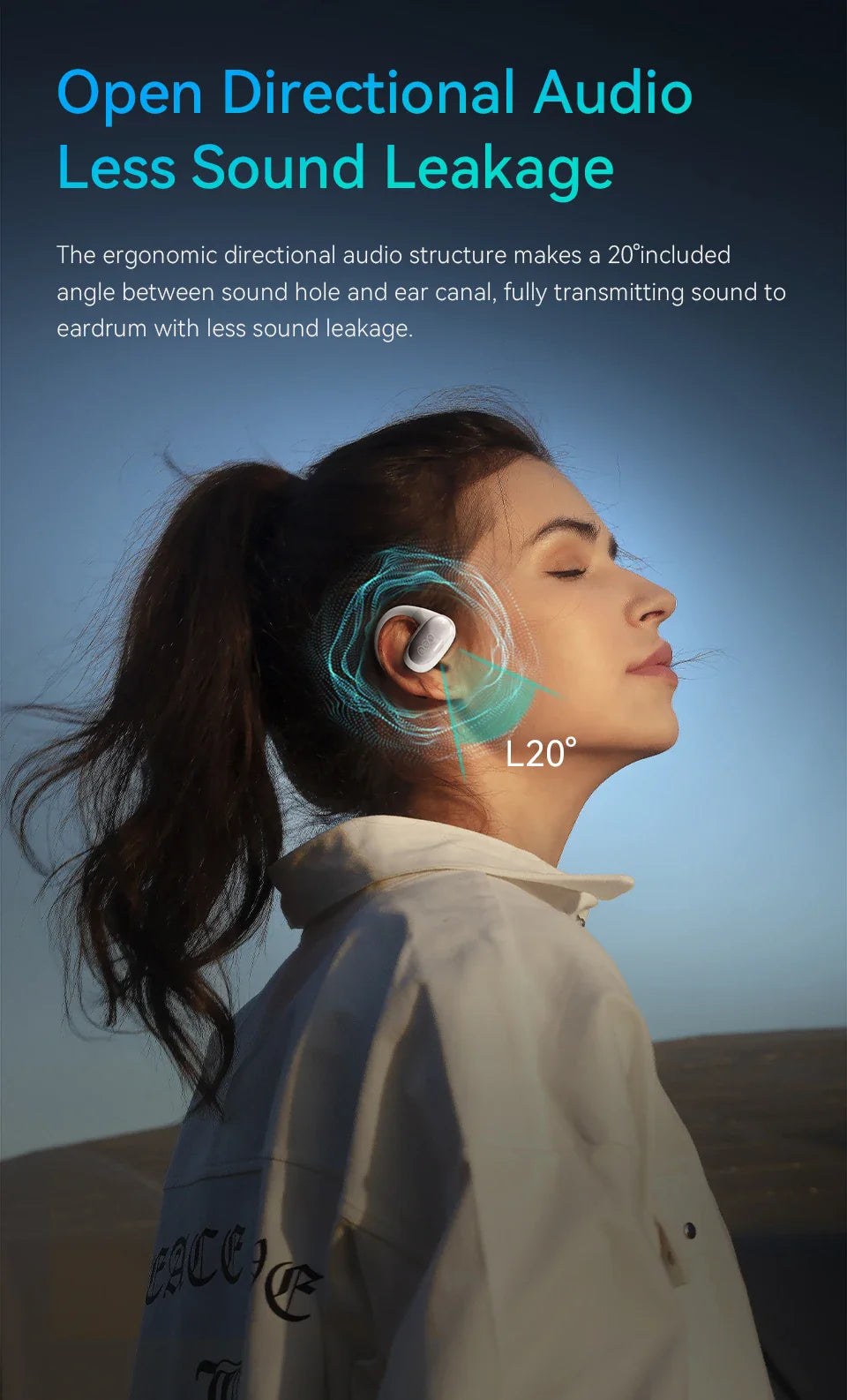 Wireless earbud shown in a person’s ear, highlighting its directional audio feature.
