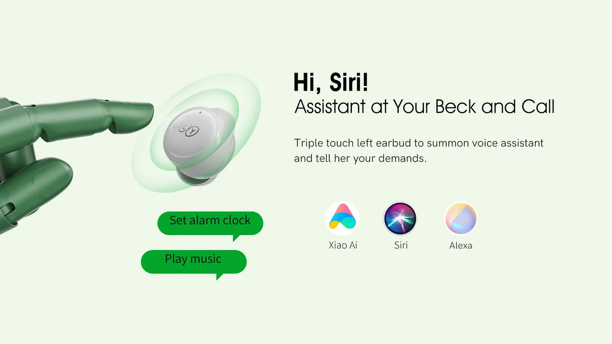 Wireless earbud with voice assistant compatibility.