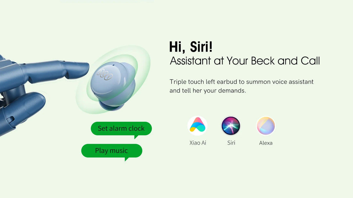 Wireless earbud with voice assistant integration.