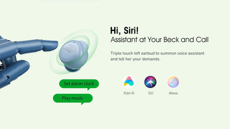 Wireless earbud with voice assistant integration.
