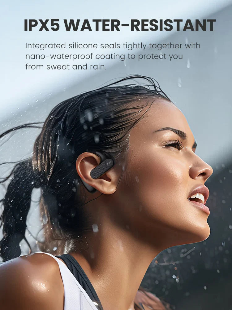 Wireless earbud worn by a woman exercising in rainy conditions.